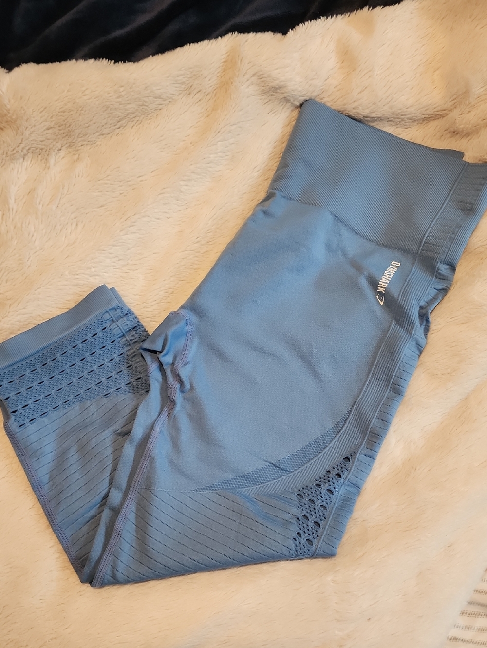 Gymshark Ribbed High-Waist Capri Leggings in Slate Blue with White Logo